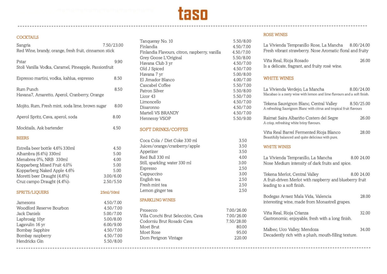 TASO Tapas Bar Wine Menu Taso Tapas Bar