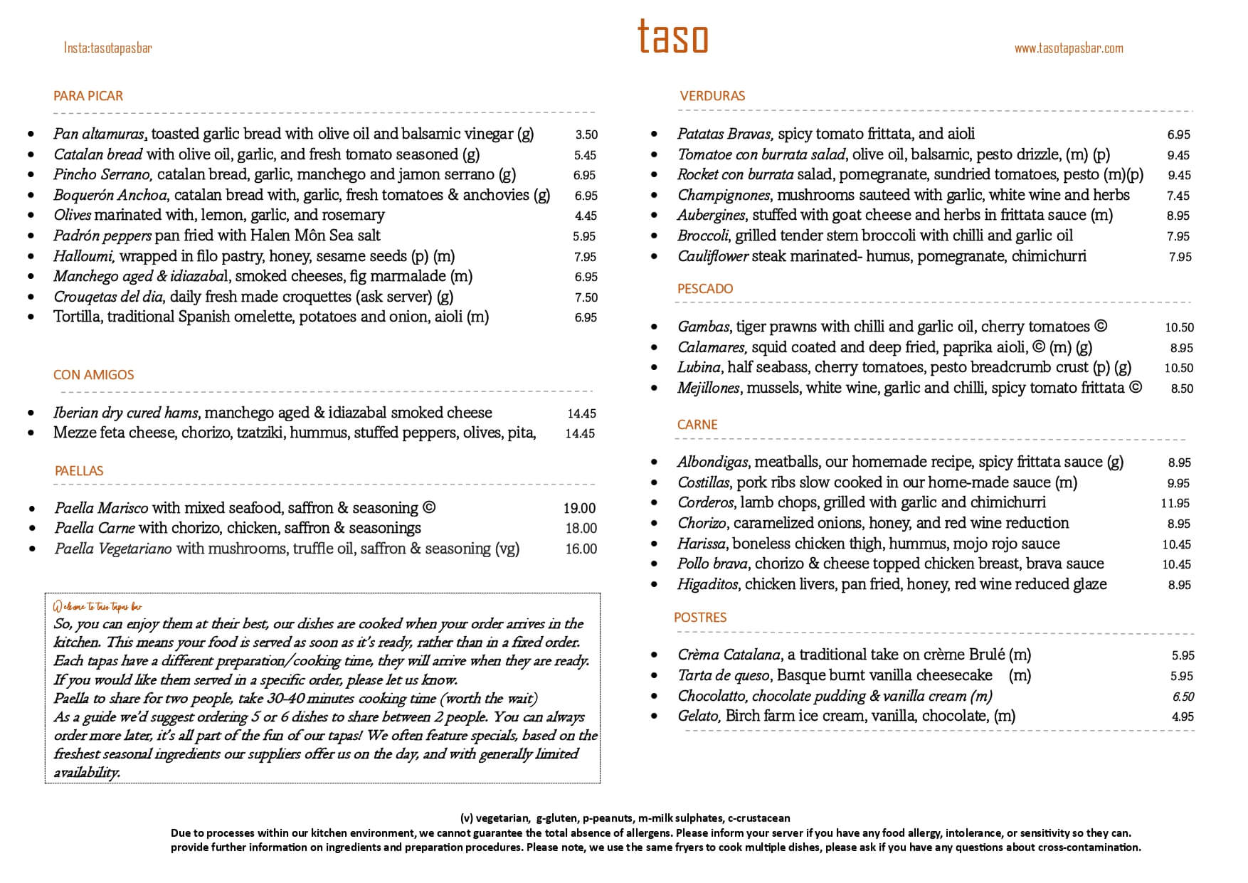 TASO Tapas Bar Food MENU November 2024